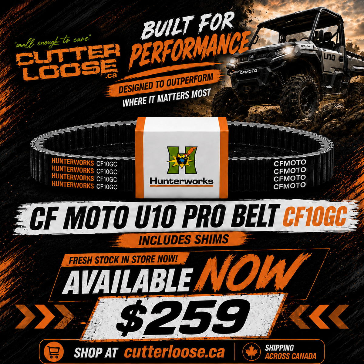 Hunterworks NEW CF Moto U10 Pro Belt CF10GC-w/shims